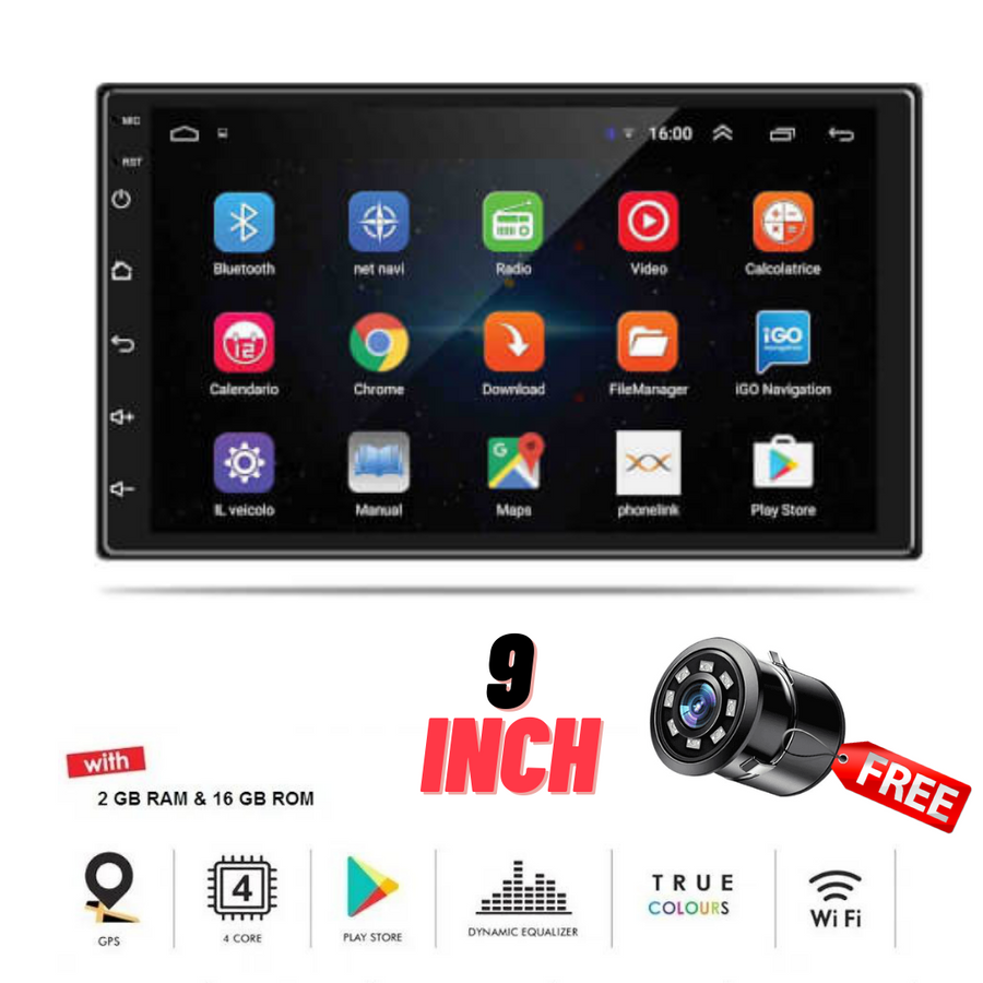 9 inch Android Car Stereo (2GB /32GB) With IPS Display Gorilla Glass & Navigation/GPS/WiFi/ Bluetooth/ Full Hd 1080p| Rear Camera And Car Bracket Included
