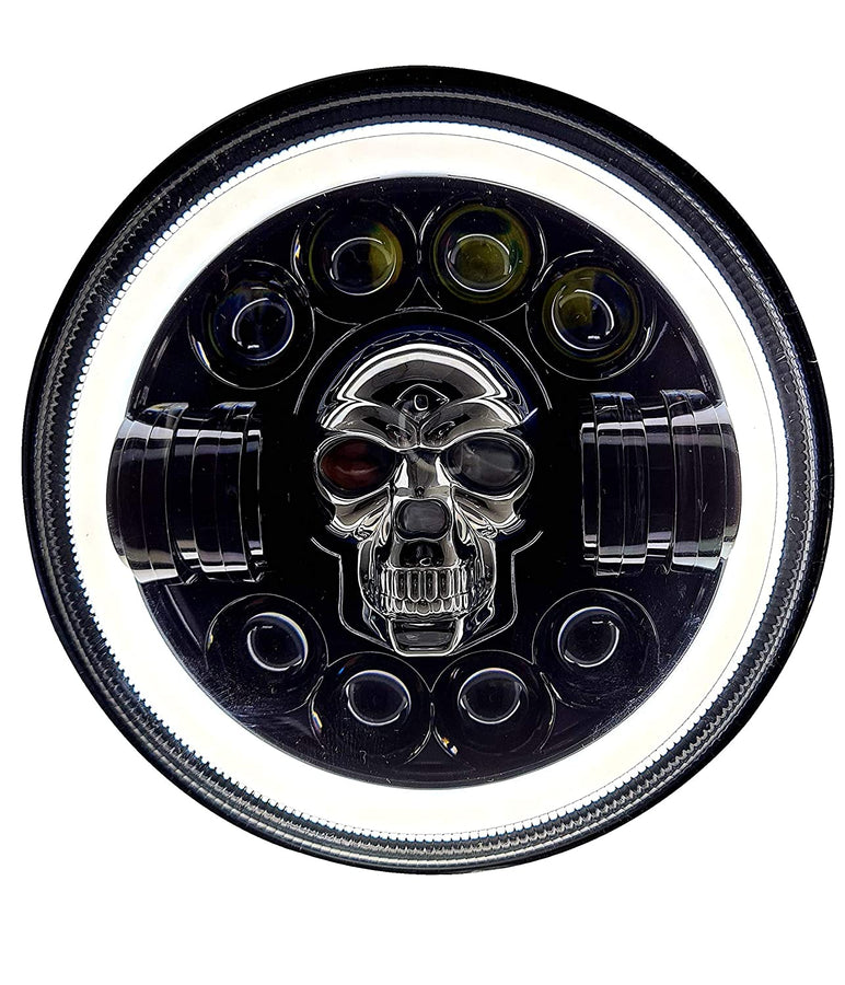 Black 7 Inch Round Headlight for Royal Enfield; Jeep & Harley Davidson (Harley Skull LED Headlight).
