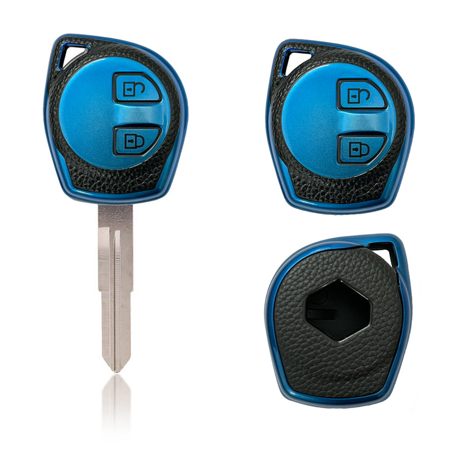 TPU Key Cover Compitable with Swift | baleno | Ertiga | Wagonr | Celerio | Swift Dzire | Alto | Eeco | Brezza | S Presso | Ignis | K10 2 Button Remote Key (Black & Blue Carbon 1pc)